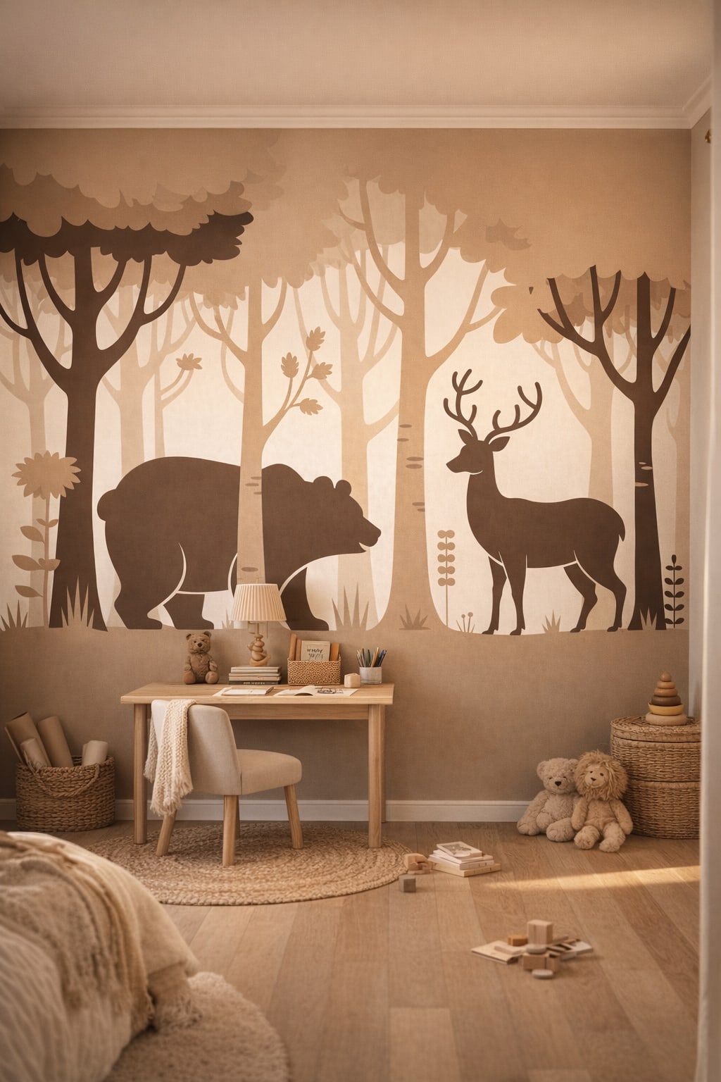 Whimsical Boho terracotta woodland animals featuring deer - Wall Mural Peel and Stick Wallpaper for Whimsical Boho Homework / Study Corner.