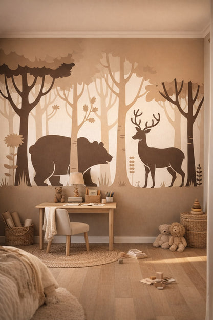 Whimsical Boho terracotta woodland animals featuring deer - Wall Mural Peel and Stick Wallpaper for Whimsical Boho Homework / Study Corner.