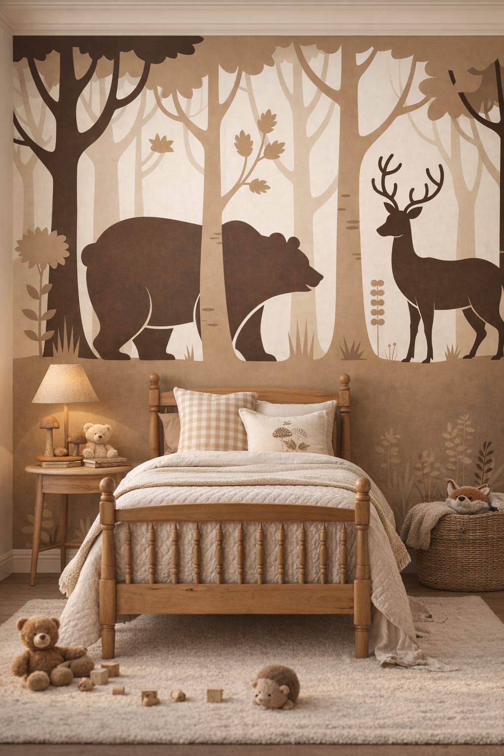 Classic Storybook dusty rose woodland animals featuring deer - Wall Mural Peel and Stick Wallpaper for Classic Storybook Kids Bedroom.