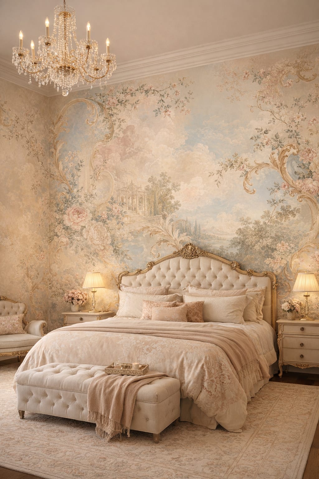 Pastel Rococo floral blossoms featuring pastoral landscape - Wall Mural Peel and Stick Wallpaper for Rococo Master Bedroom.