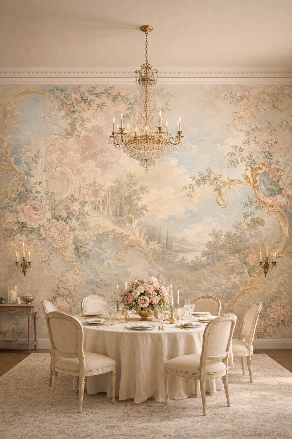 Parisian white-and-gold floral blossoms featuring pastoral landscape - Wall Mural Peel and Stick Wallpaper for Parisian Formal Dining Room.