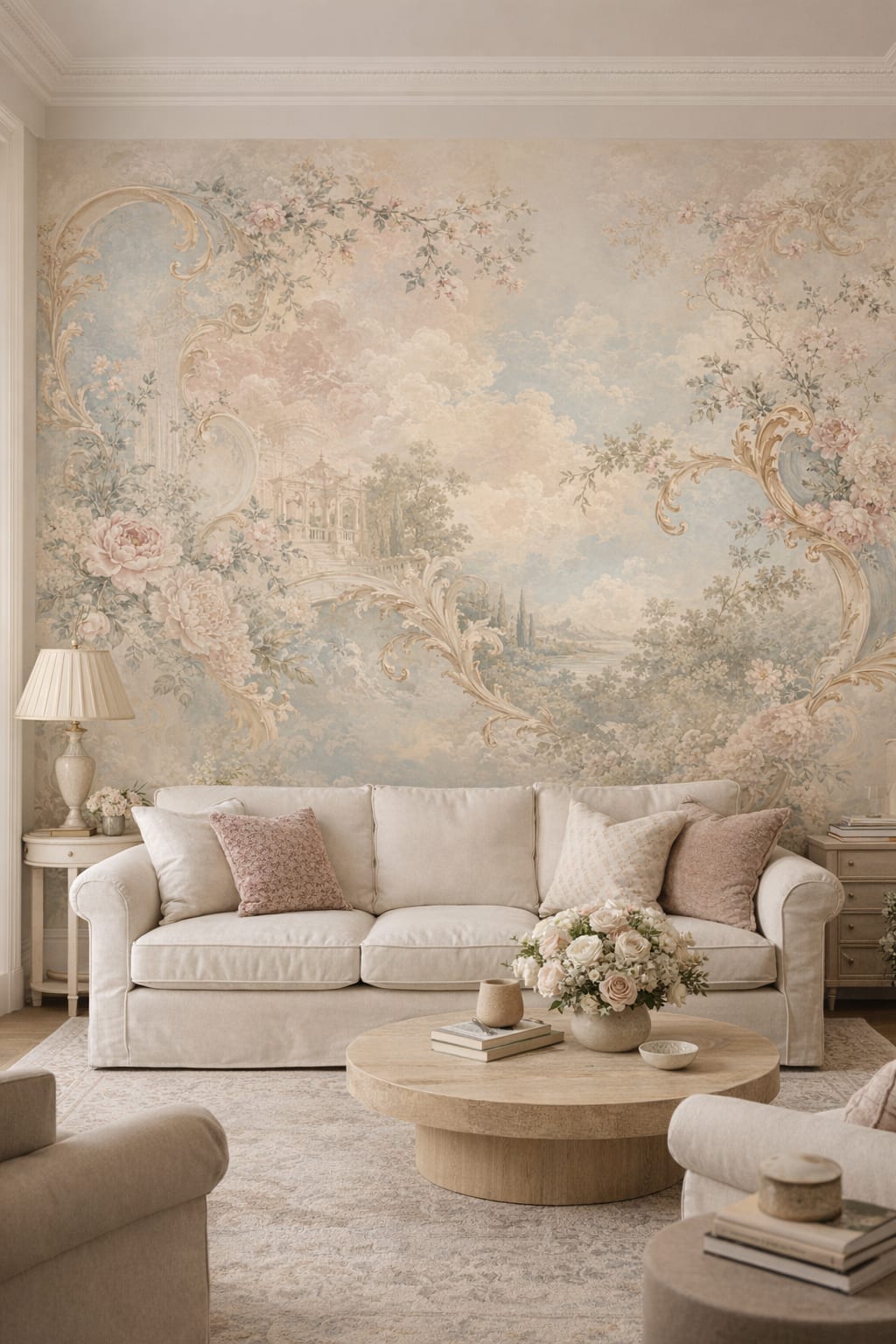 Modern Classic cream floral blossoms featuring pastoral landscape - Wall Mural Peel and Stick Wallpaper for Modern Classic Living Room.