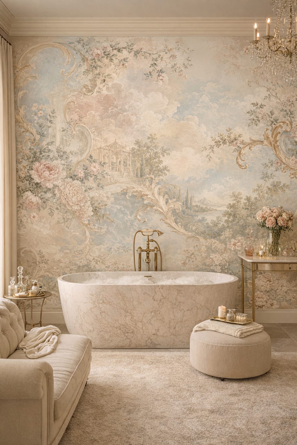 Art Nouveau cream floral blossoms featuring pastoral landscape - Wall Mural Peel and Stick Wallpaper for Art Nouveau Luxury Bathroom.