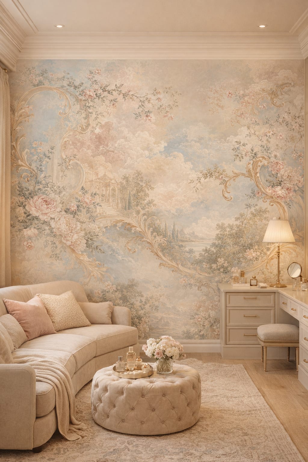 Quiet Luxury greige floral blossoms featuring pastoral landscape - Wall Mural Peel and Stick Wallpaper for Quiet Luxury Dressing Room.