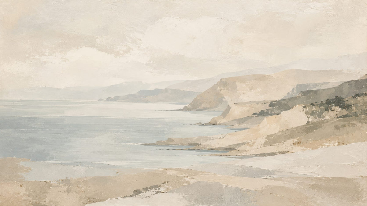 Serene painterly Beige coastal landscape featuring rocky cliffs - Wall Mural & Peel and Stick Wallpaper for Painterly Interiors and Premium Home Styling