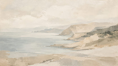 Serene painterly Beige coastal landscape featuring rocky cliffs - Wall Mural & Peel and Stick Wallpaper for Painterly Interiors and Premium Home Styling
