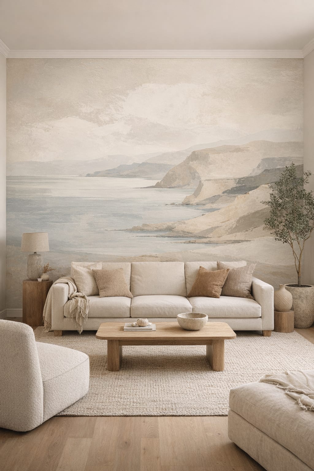Organic Modern cream coastal landscape featuring rocky cliffs - Wall Mural Peel and Stick Wallpaper for Organic Modern Living Room.