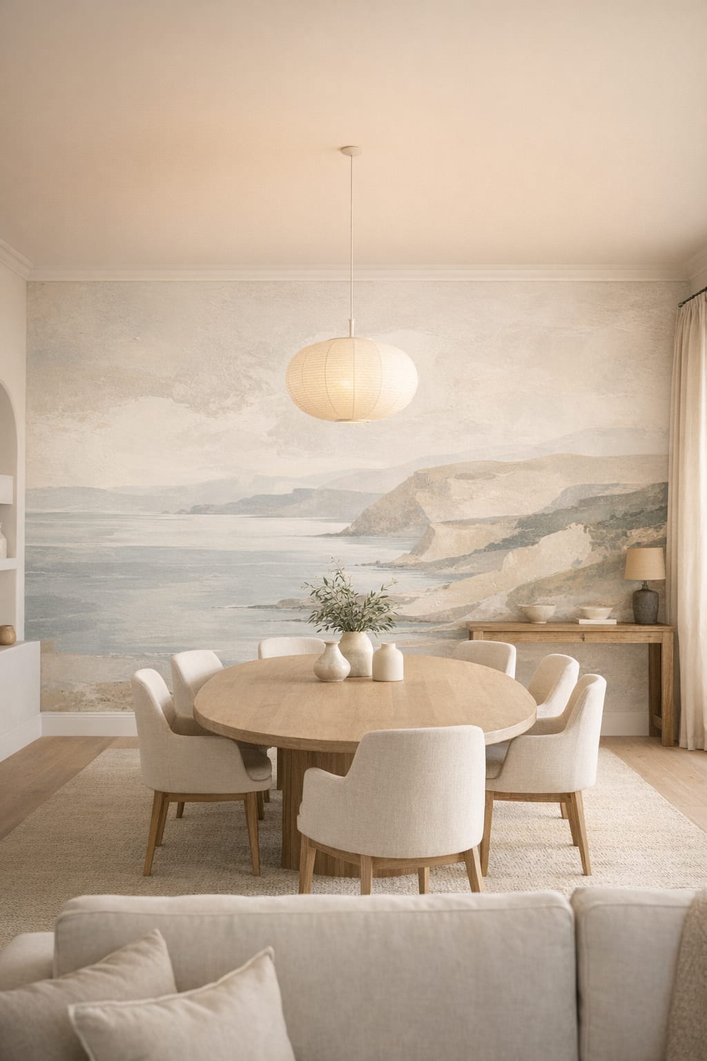 Mediterranean white coastal landscape featuring rocky cliffs - Wall Mural Peel and Stick Wallpaper for Mediterranean Modern Formal Dining Room.