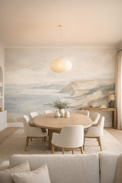 Mediterranean white coastal landscape featuring rocky cliffs - Wall Mural Peel and Stick Wallpaper for Mediterranean Modern Formal Dining Room.