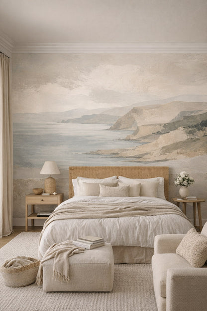 Coastal blue, sand-toned coastal landscape featuring rocky cliffs - Wall Mural Peel and Stick Wallpaper for Coastal Master Bedroom.