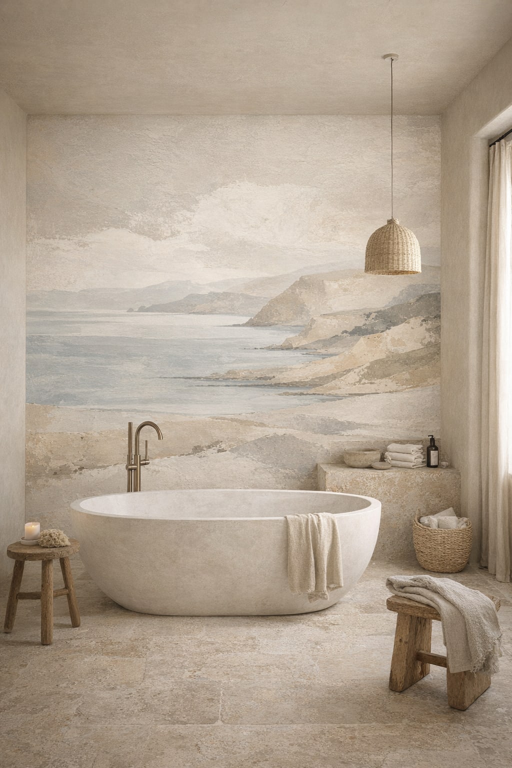 Wabi-sabi muted earth-tone coastal landscape featuring rocky cliffs - Wall Mural Peel and Stick Wallpaper for Wabi-sabi Luxury Bathroom.