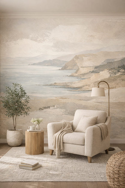 Sand-white Resort Style coastal landscape featuring rocky cliffs - Wall Mural Peel and Stick Wallpaper for Resort Style Reading Corner.