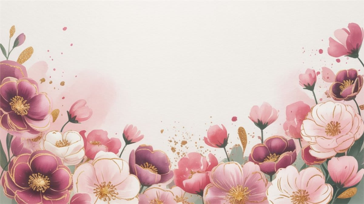 Dreamy watercolor Blush Pink floral blossoms featuring gold splatter and botanical leaves - Wall Mural & Peel and Stick Wallpaper for Watercolor Interiors and Premium Home Styling.