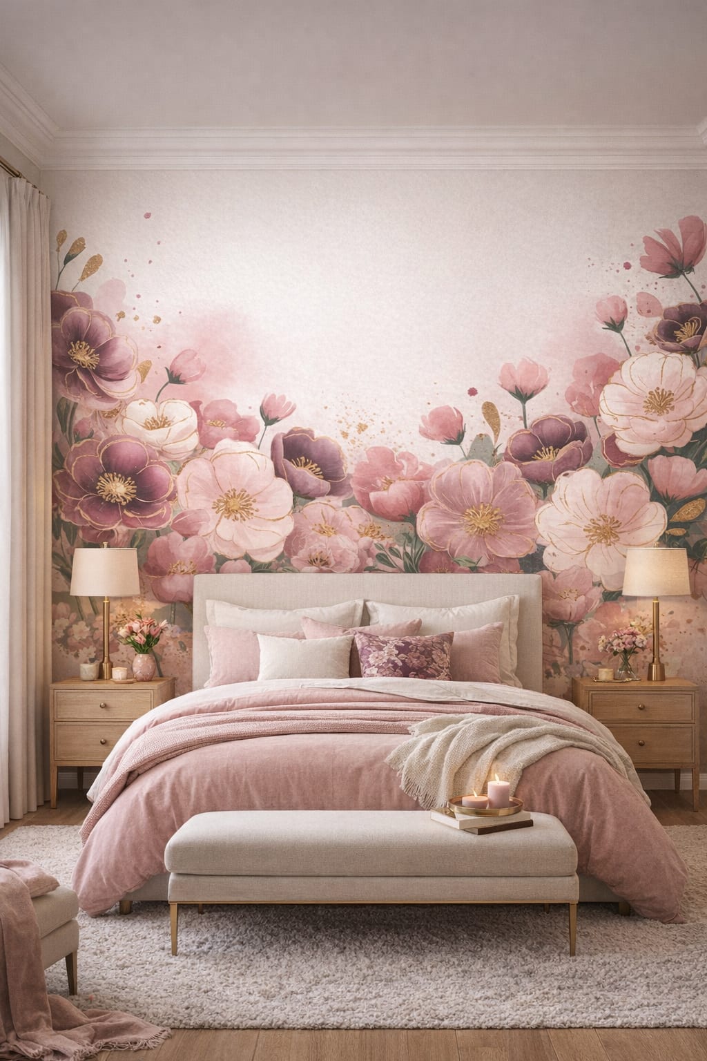 Romantic blush floral blossoms featuring gold splatter - Wall Mural Peel and Stick Wallpaper for Romantic Master Bedroom.