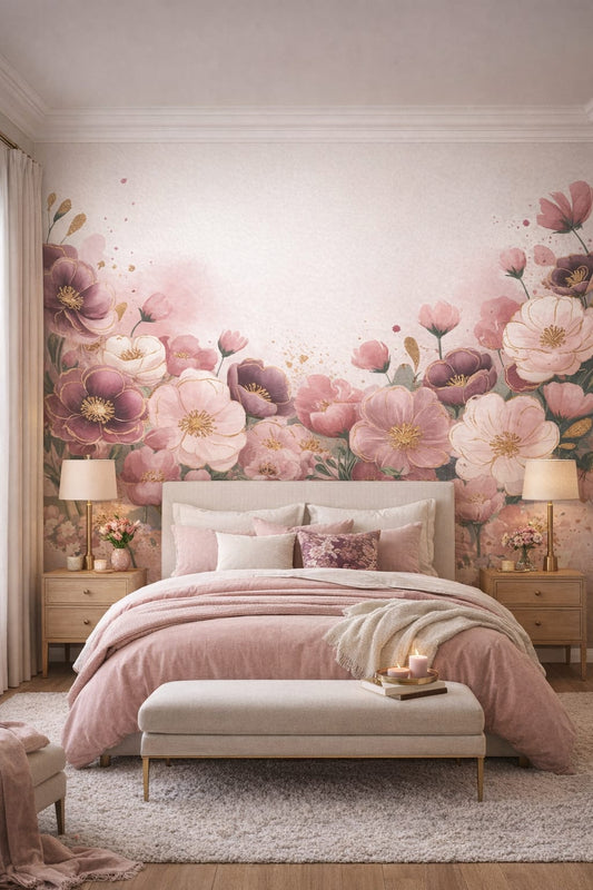 Romantic blush floral blossoms featuring gold splatter - Wall Mural Peel and Stick Wallpaper for Romantic Master Bedroom.