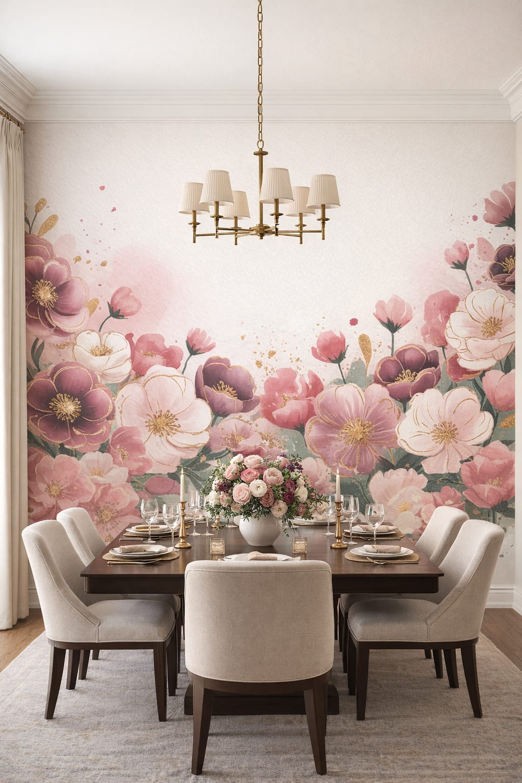 Modern Classic cream floral blossoms featuring gold splatter - Wall Mural Peel and Stick Wallpaper for Modern Classic Formal Dining Room.