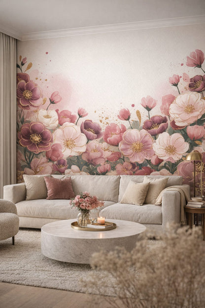 Quiet Luxury greige floral blossoms featuring gold splatter - Wall Mural Peel and Stick Wallpaper for Quiet Luxury Living Room.