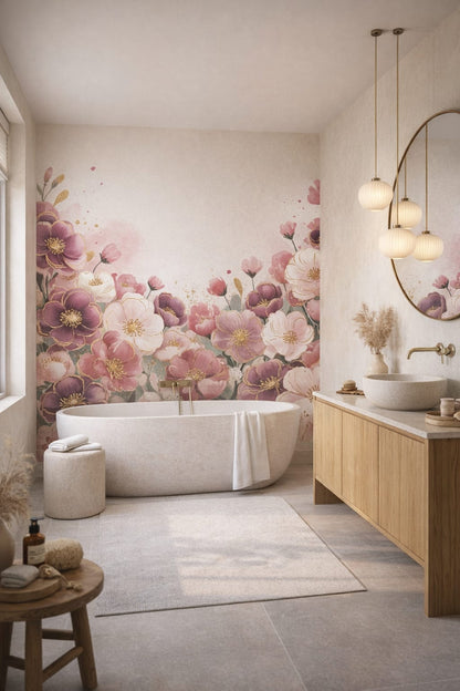 Sand-toned Japandi floral blossoms featuring gold splatter - Wall Mural Peel and Stick Wallpaper for Japandi Luxury Bathroom.