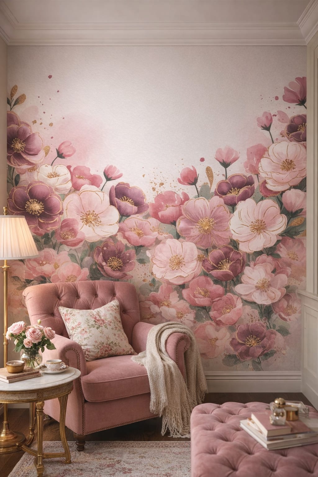 Floral-neutral Grandmillennial floral blossoms featuring gold splatter - Wall Mural Peel and Stick Wallpaper for Grandmillennial Reading Corner.