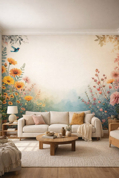 Organic Modern cream-toned floral blossoms featuring botanical foliage - Wall Mural Peel and Stick Wallpaper for Organic Modern Living Room.