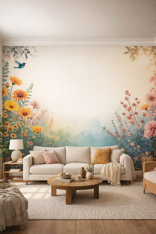 Organic Modern cream-toned floral blossoms featuring botanical foliage - Wall Mural Peel and Stick Wallpaper for Organic Modern Living Room.