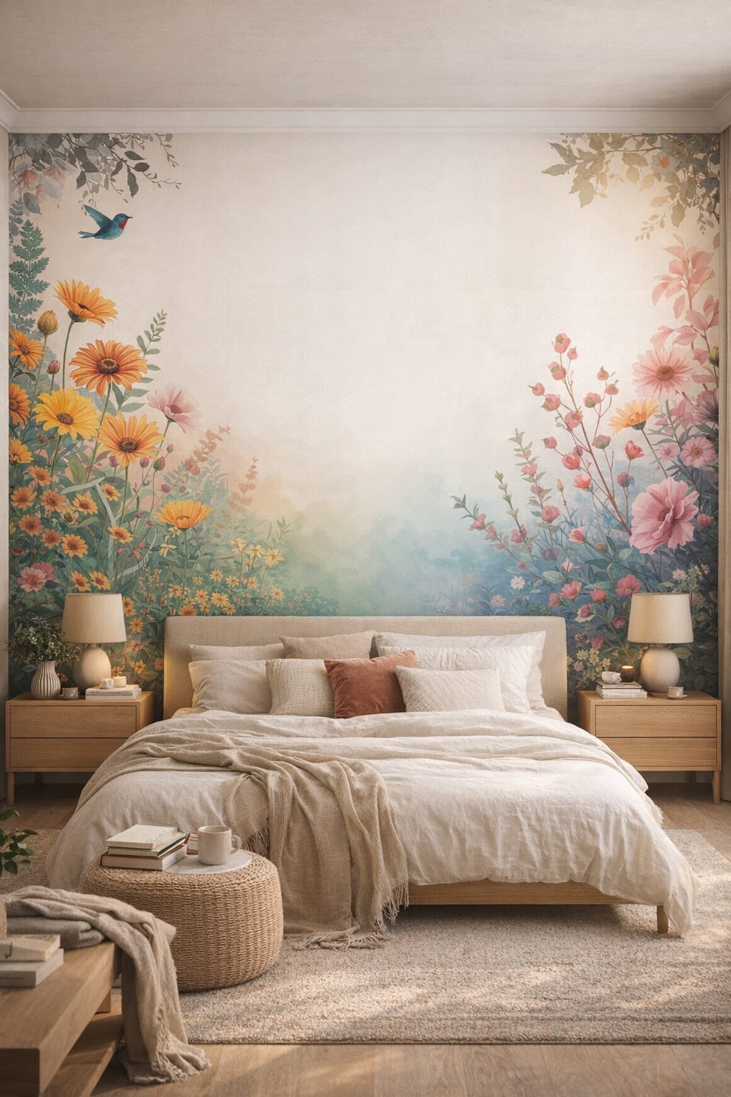 Sand-toned Japandi floral blossoms featuring songbird - Wall Mural Peel and Stick Wallpaper for Japandi Master Bedroom.