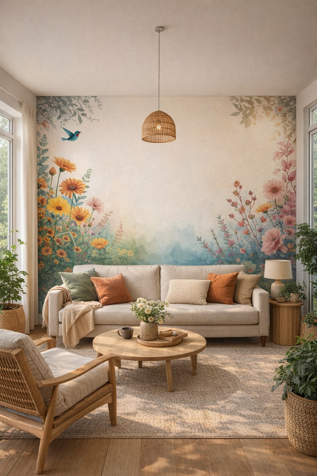 Green-neutral biophilic floral blossoms featuring songbird - Wall Mural Peel and Stick Wallpaper for Biophilic Design Sunroom.