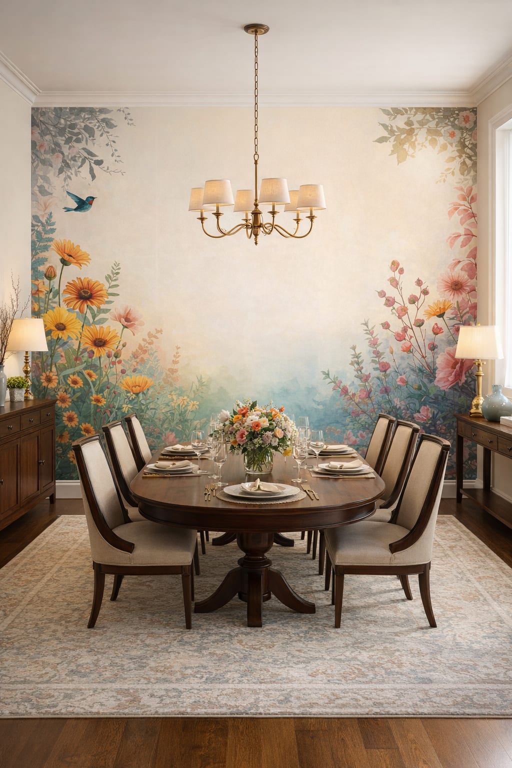 Modern Classic cream-warm gray floral blossoms featuring songbird - Wall Mural Peel and Stick Wallpaper for Modern Classic Formal Dining Room.