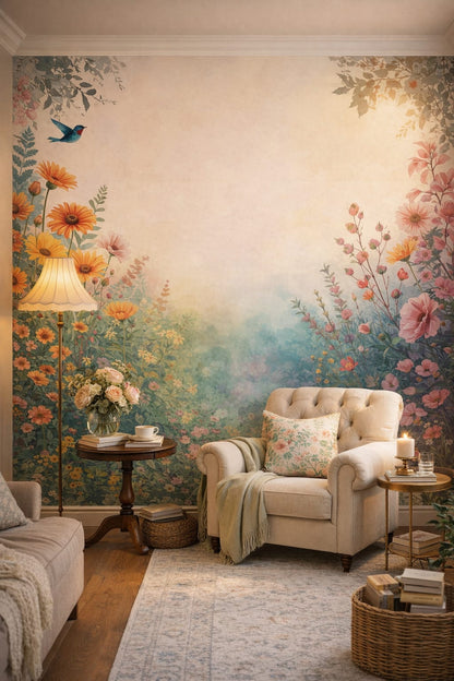 Grandmillennial floral neutrals floral blossoms featuring songbird - Wall Mural Peel and Stick Wallpaper for Grandmillennial Reading Corner.