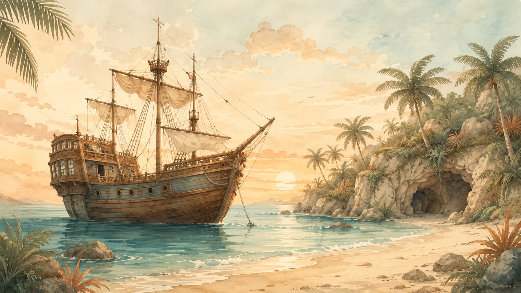 Vintage painterly Cream sailing ship featuring tropical beach and palm trees - Wall Mural & Peel and Stick Wallpaper for Painterly Interiors and Premium Home Styling