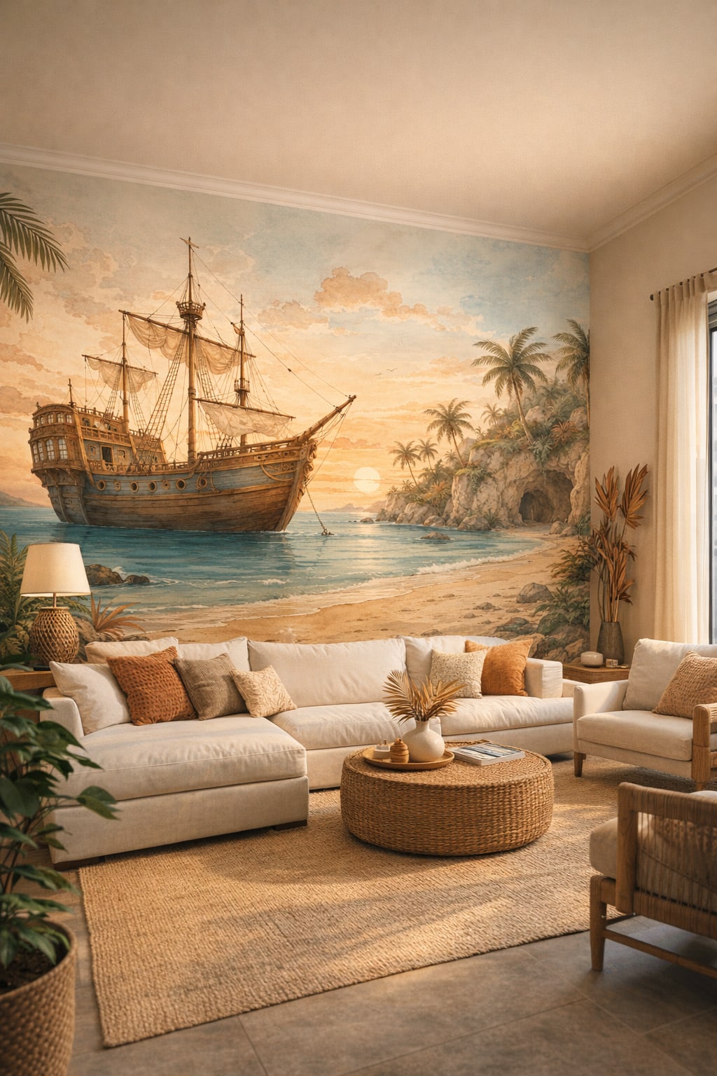 Tropical Modern white-green sailing ship featuring palm trees - Wall Mural Peel and Stick Wallpaper for Tropical Modern Living Room.