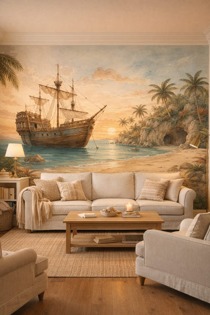 Hamptons white sailing ship featuring palm trees - Wall Mural Peel and Stick Wallpaper for Hamptons Reading Room.