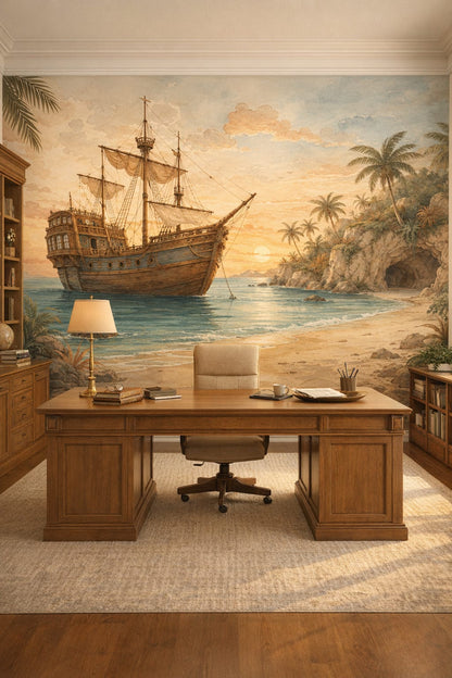 Scholarly cream sailing ship featuring sea cave - Wall Mural Peel and Stick Wallpaper for Light Academia Executive Home Office.