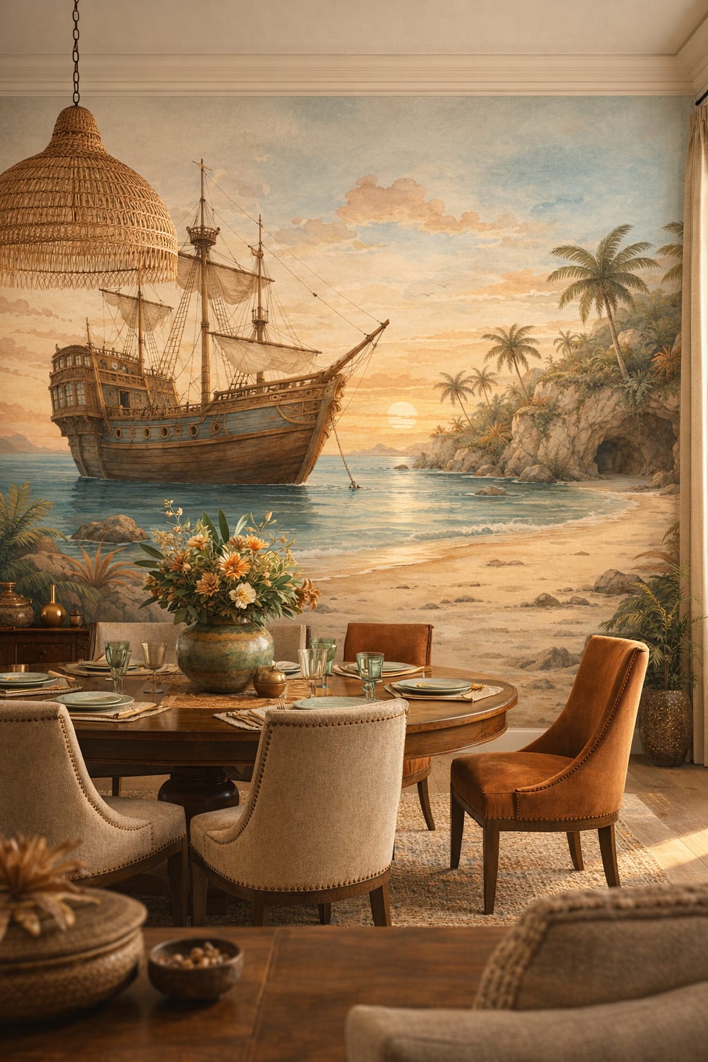 Earthy eclectic sailing ship featuring palm trees - Wall Mural Peel and Stick Wallpaper for Global Fusion Formal Dining Room.