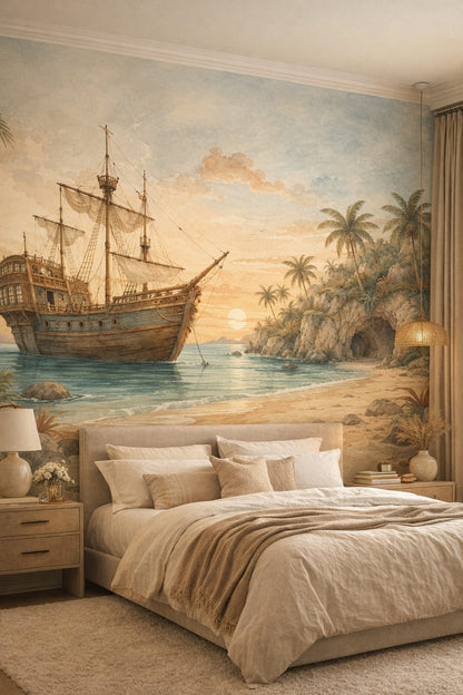 Refined greige sailing ship featuring palm trees - Wall Mural Peel and Stick Wallpaper for Quiet Luxury Master Bedroom.
