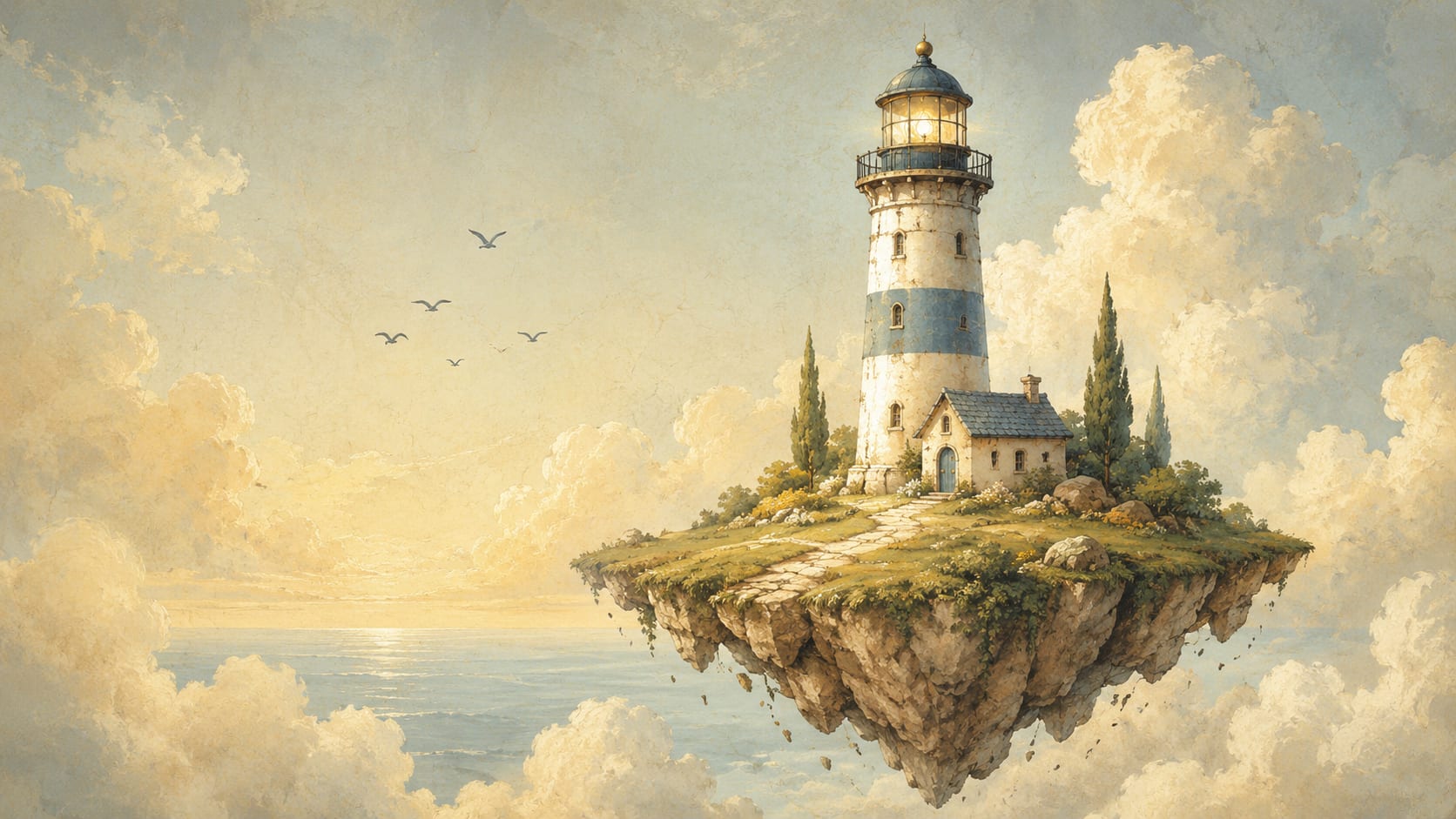 Dreamy Atmospheric Cream Lighthouse featuring floating island and cloudscape - Wall Mural & Peel and Stick Wallpaper for Painterly Interiors and Premium Home Styling