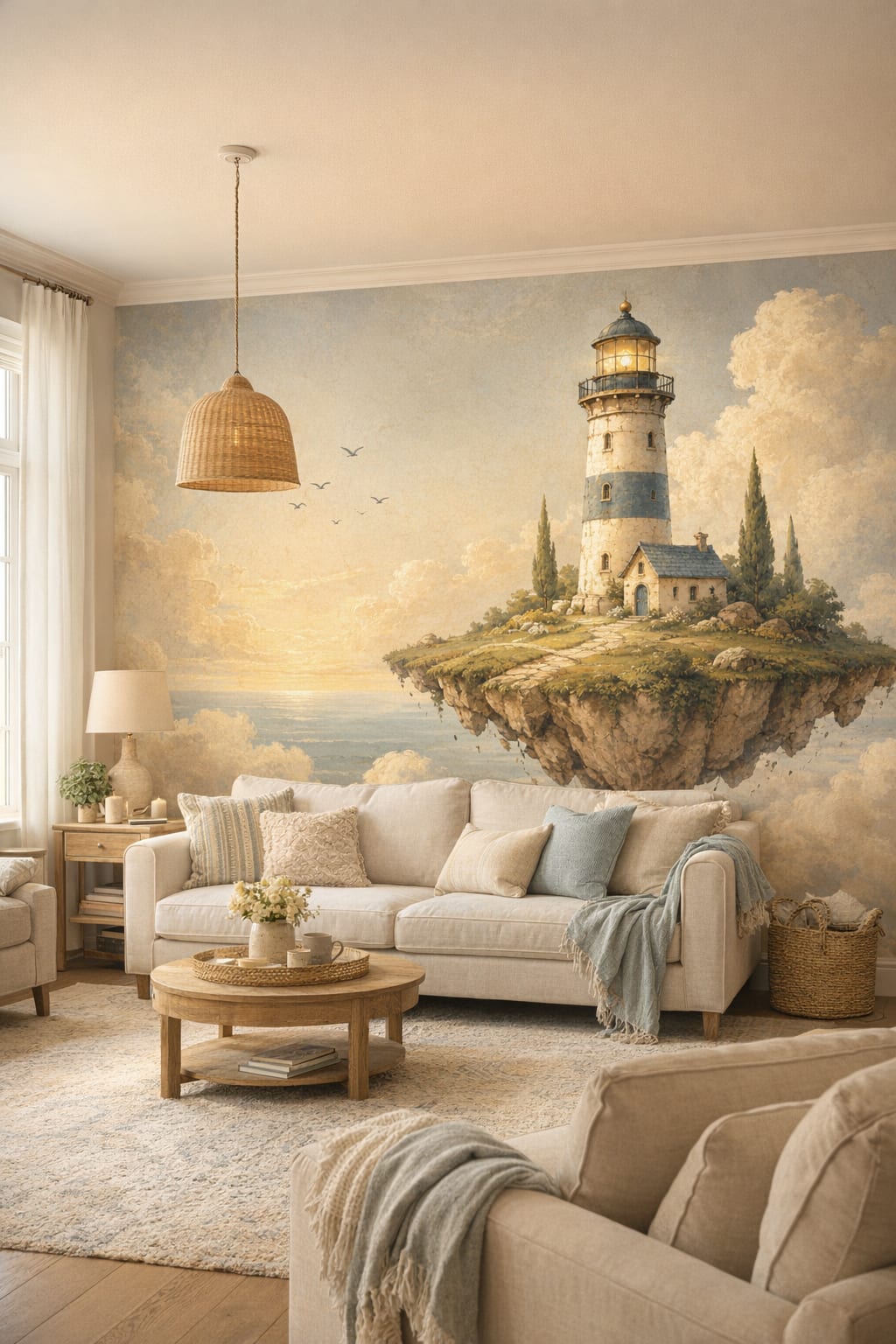 Coastal Grandma off-white lighthouse featuring floating island - Wall Mural Peel and Stick Wallpaper for Coastal Grandma Living Room.