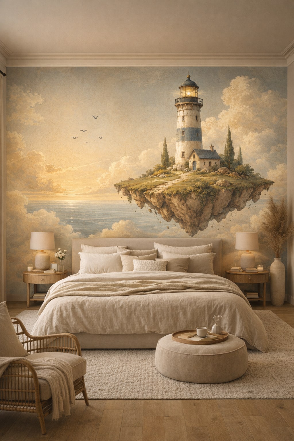 Cream Organic lighthouse featuring floating island - Wall Mural Peel and Stick Wallpaper for Organic Modern Master Bedroom.