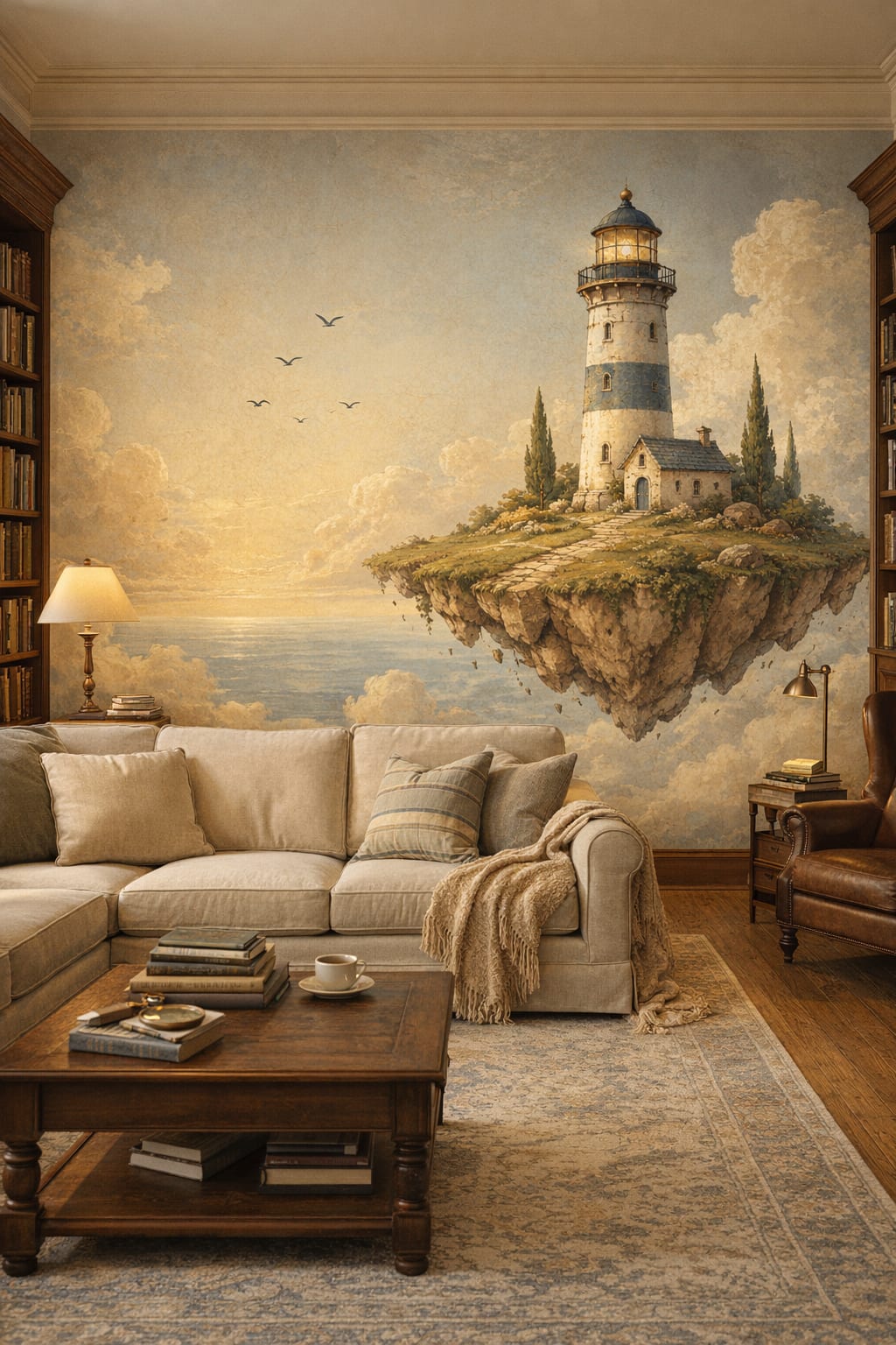 Cream scholarly lighthouse featuring floating island - Wall Mural Peel and Stick Wallpaper for Light Academia Home Library.