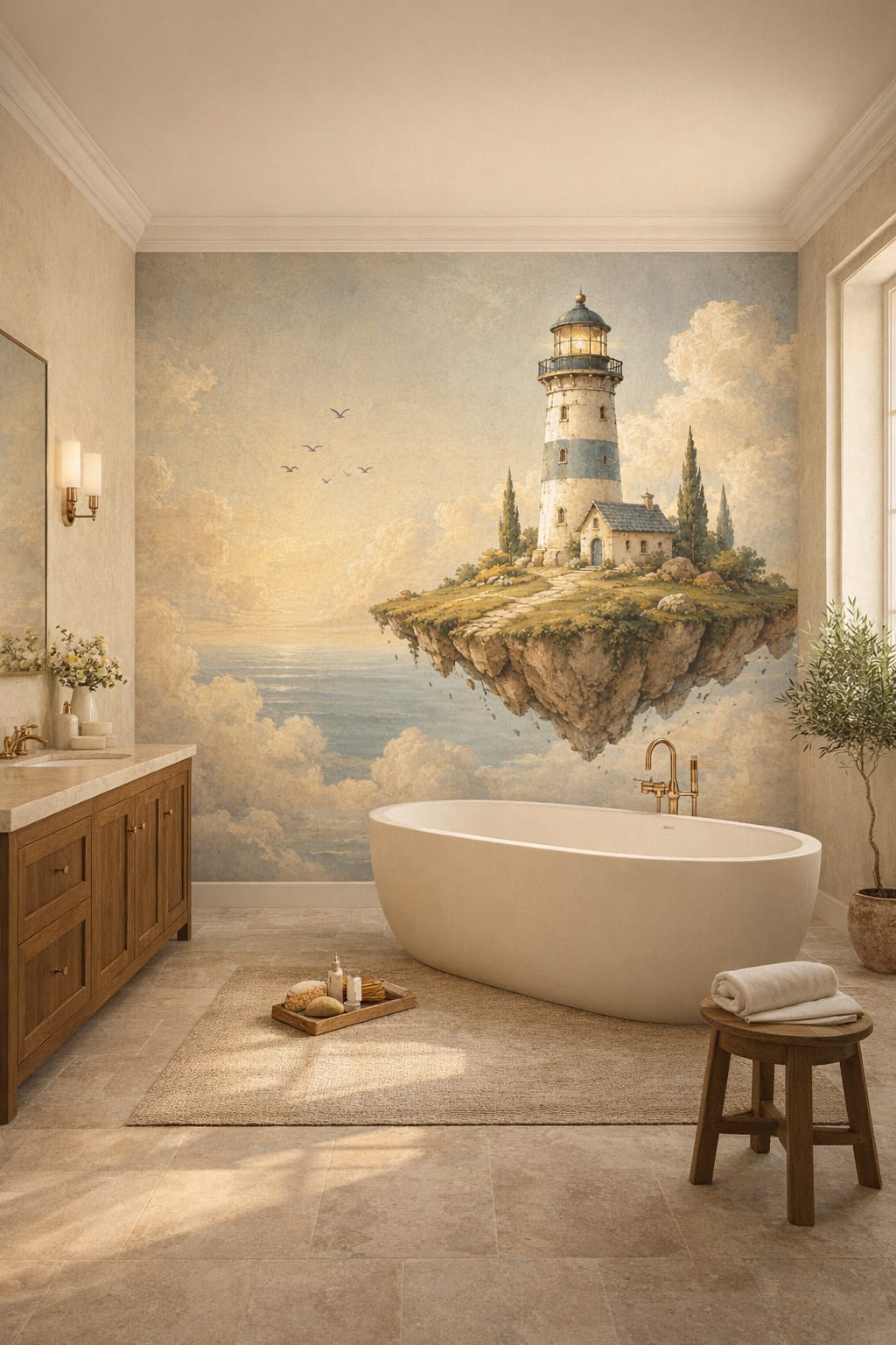 Mediterranean Modern sand-blue lighthouse featuring cloudscape - Wall Mural Peel and Stick Wallpaper for Mediterranean Modern Luxury Bathroom.