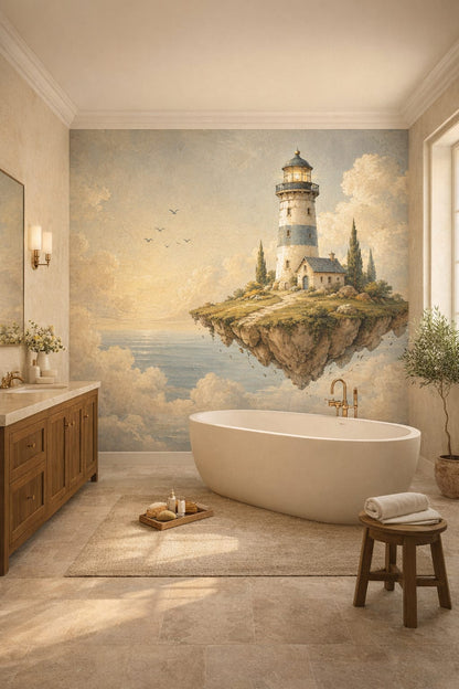 Mediterranean Modern sand-blue lighthouse featuring cloudscape - Wall Mural Peel and Stick Wallpaper for Mediterranean Modern Luxury Bathroom.