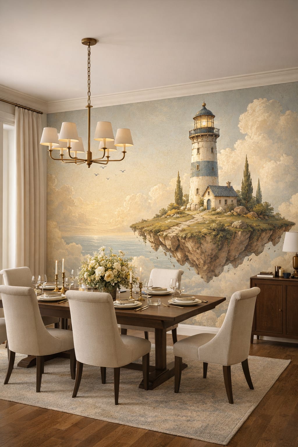 Cream-toned classic lighthouse featuring cloudscape - Wall Mural Peel and Stick Wallpaper for Modern Classic Formal Dining Room.