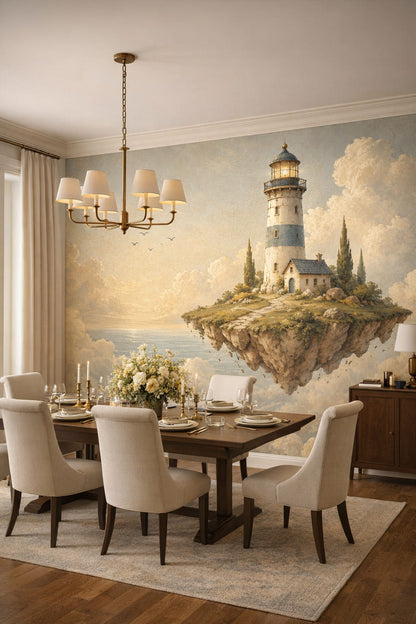 Cream-toned classic lighthouse featuring cloudscape - Wall Mural Peel and Stick Wallpaper for Modern Classic Formal Dining Room.