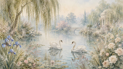 Ethereal romantic Sage Green swan featuring garden pond and lily pads - Wall Mural & Peel and Stick Wallpaper for Watercolor Interiors and Premium Home Styling