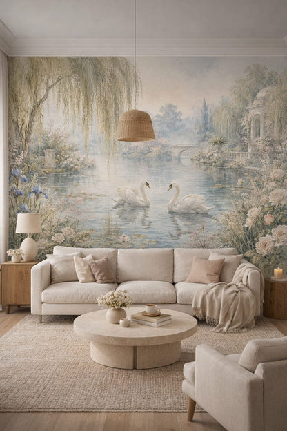Cream Organic Modern swan featuring garden pond - Wall Mural Peel and Stick Wallpaper for Organic Modern Living Room.