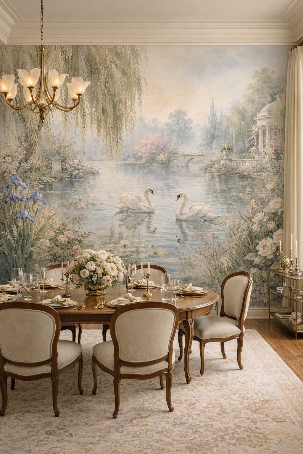 Green cream Art Nouveau swan mural featuring garden pond - Wall Mural Peel and Stick Wallpaper for Art Nouveau Formal Dining Room.
