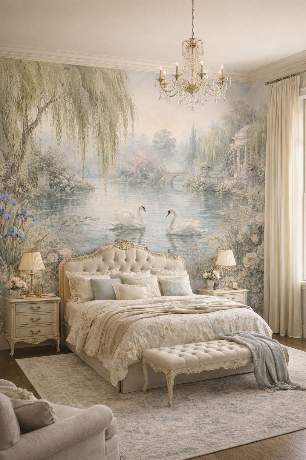 Beige sage Swan featuring garden pond - Wall Mural Peel and Stick Wallpaper for French Country Master Bedroom.