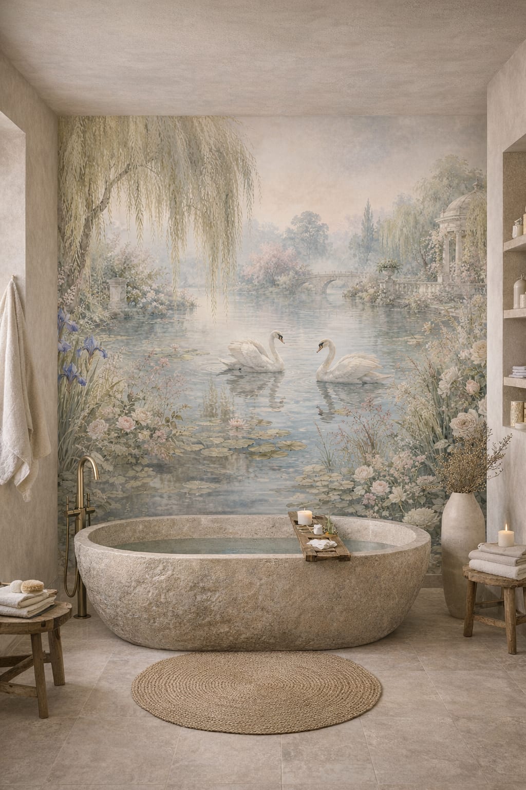 Wabi-sabi earth-tone swan featuring garden pond - Wall Mural Peel and Stick Wallpaper for Wabi-sabi Luxury Bathroom.