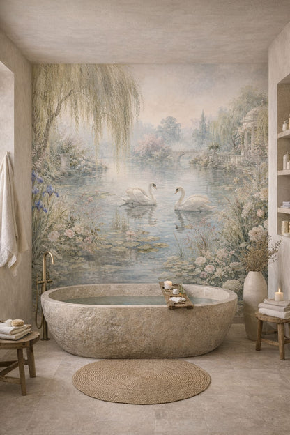 Wabi-sabi earth-tone swan featuring garden pond - Wall Mural Peel and Stick Wallpaper for Wabi-sabi Luxury Bathroom.