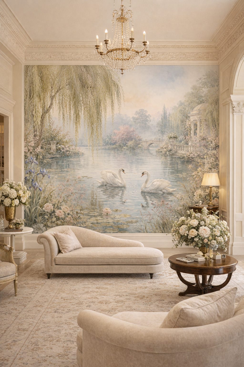 Haussmann neutrals swan featuring garden pond - Wall Mural Peel and Stick Wallpaper for Haussmann Grand Entry Hall.